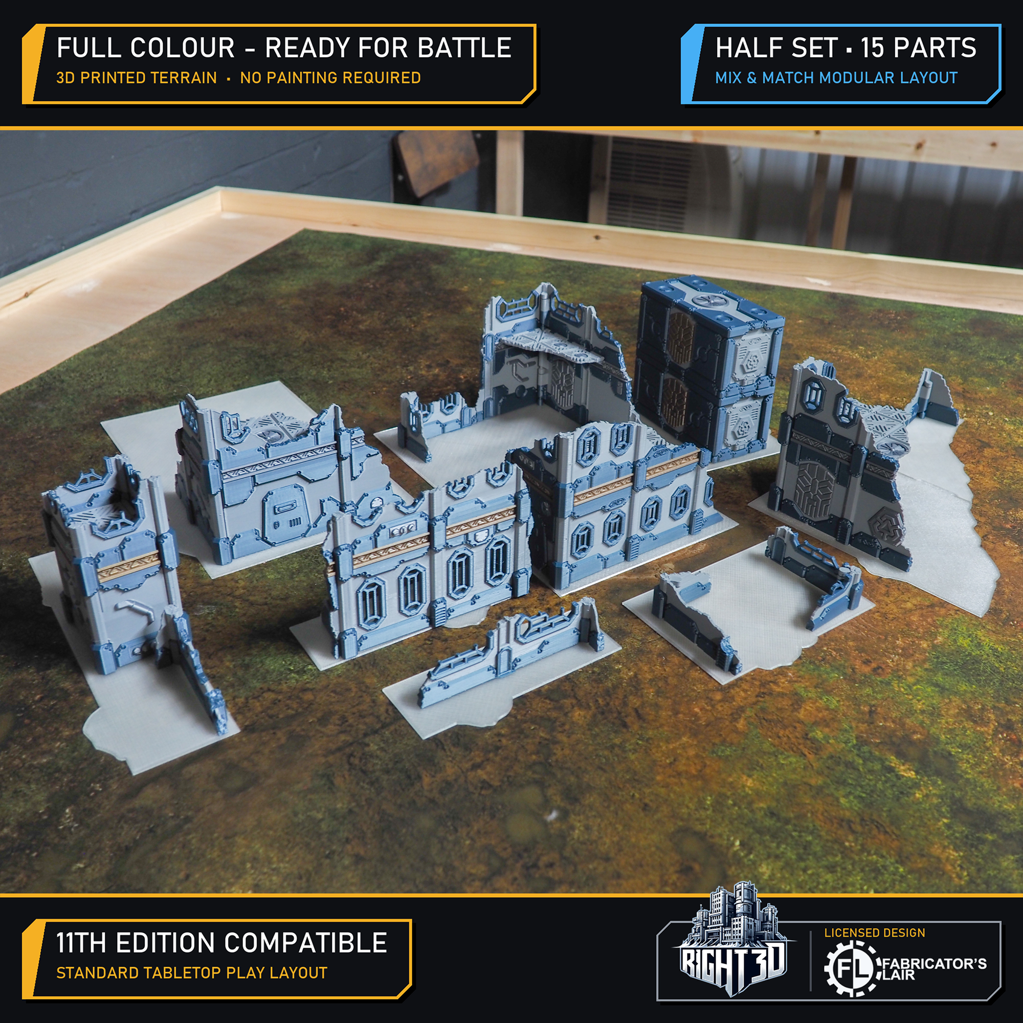 Full-colour 15-piece modular 3D-printed sci-fi ruin terrain set arranged on a tabletop gaming mat