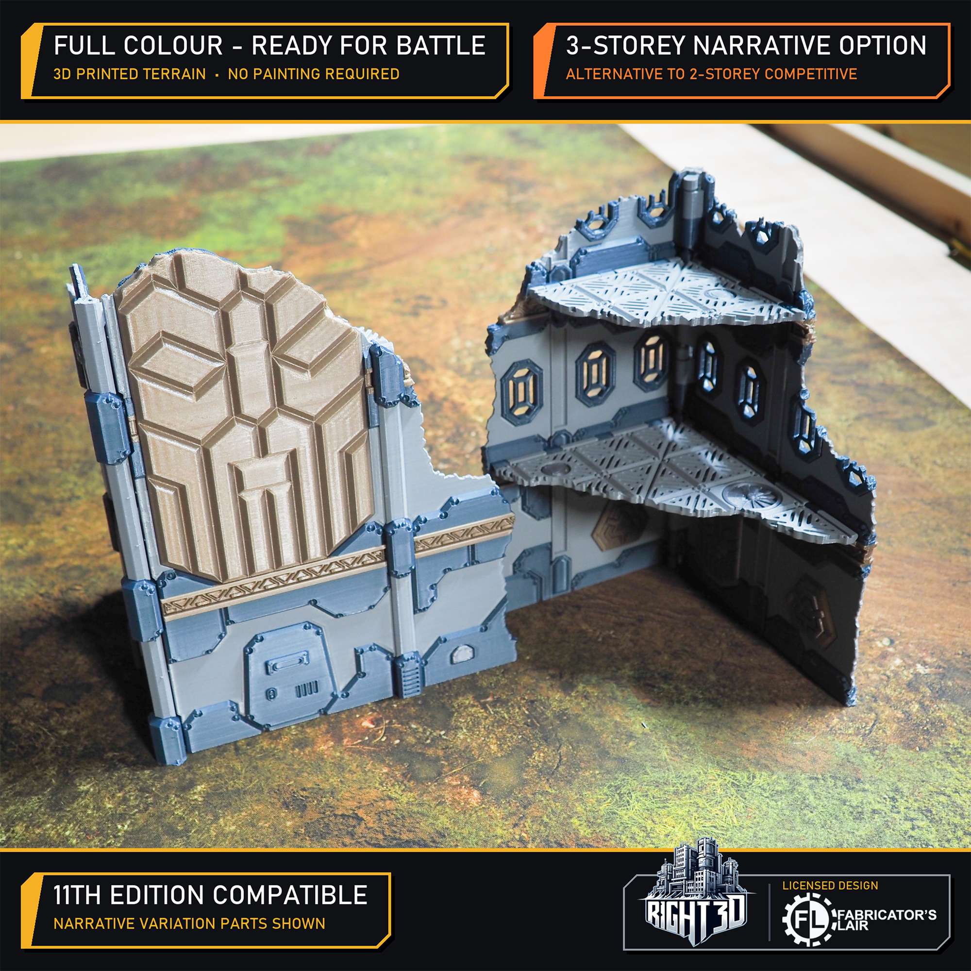 Full-colour, three-storey 3D-printed sci-fi ruin terrain piece for tabletop gaming